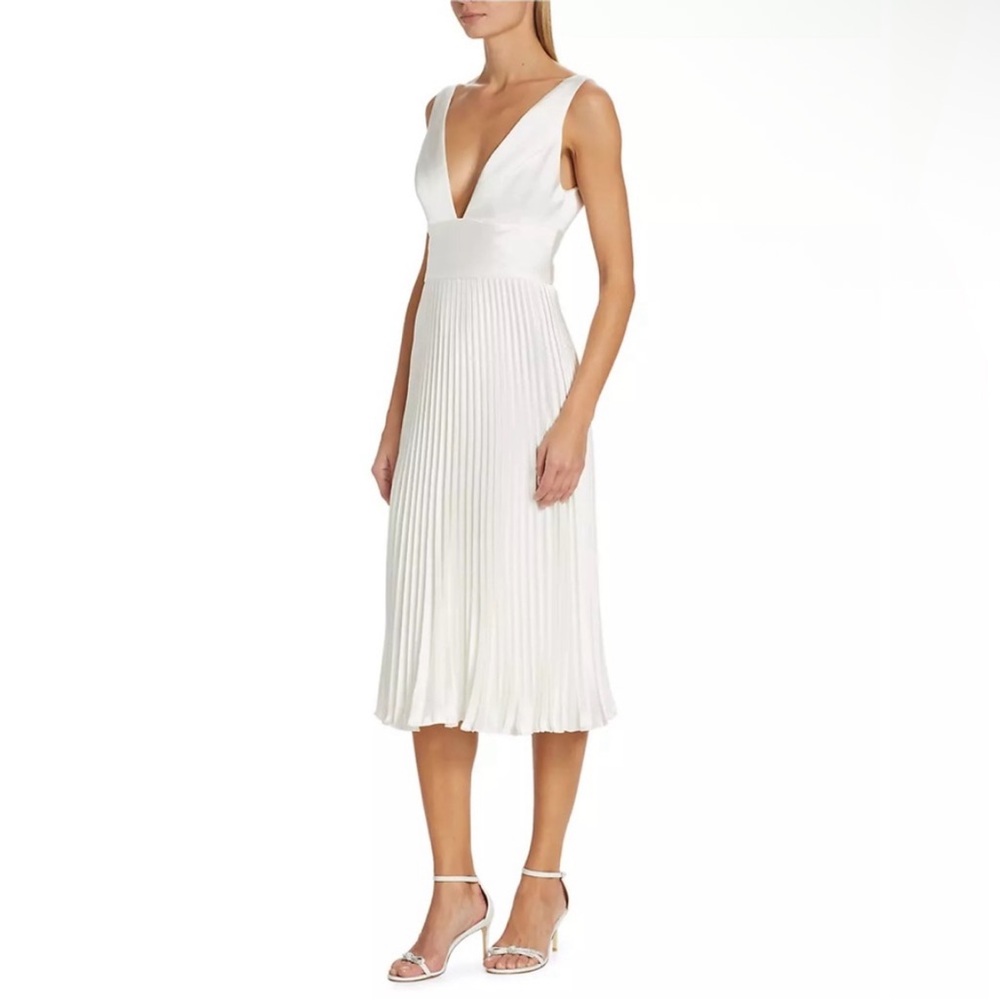 Amsale Satin V-Neck Pleated Midi-Dress NWT Size 0